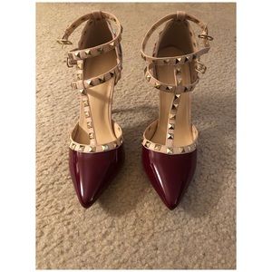 T-Strap Gold Studded Burgundy Heels (Final Price)